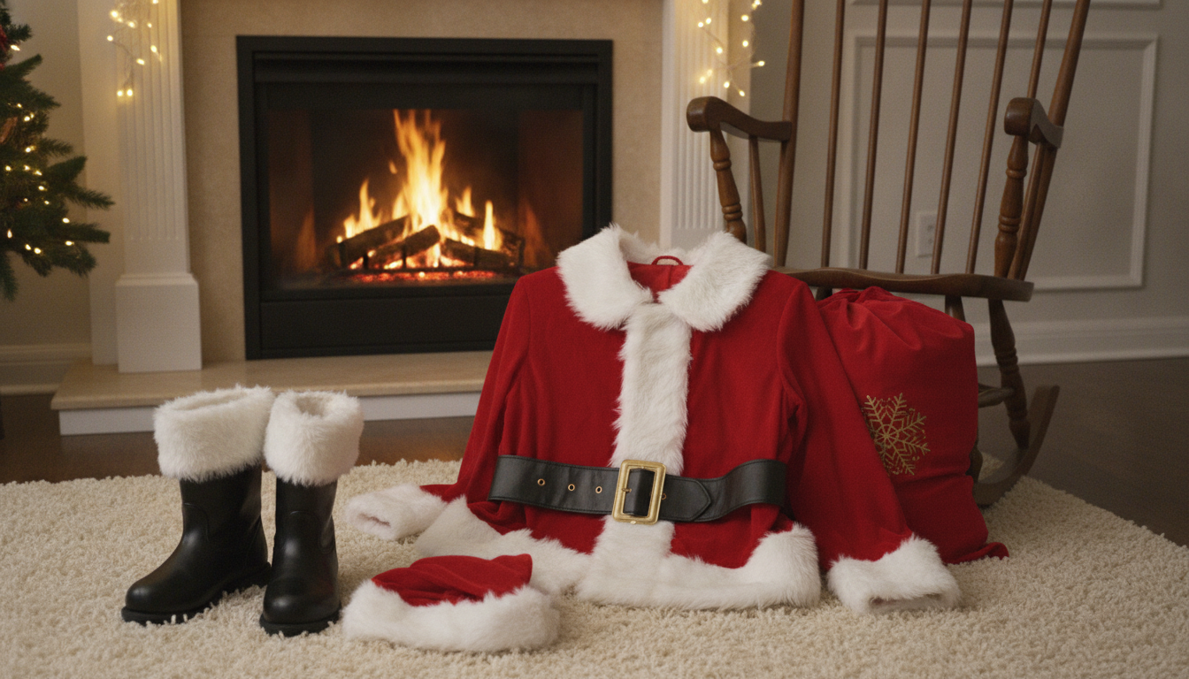 An empty red Santa suit set down on a white rug by a fire — boots, hat and a sack beside it, and no one inside.